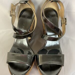 Jimmy Choo Portia 120 Anthracite Mirrored Leather Perforated Cork  Sz 38.5/ 8.5